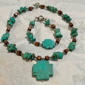 Handcrafted, turquoise, and brown beaded necklace with matching bracelet
